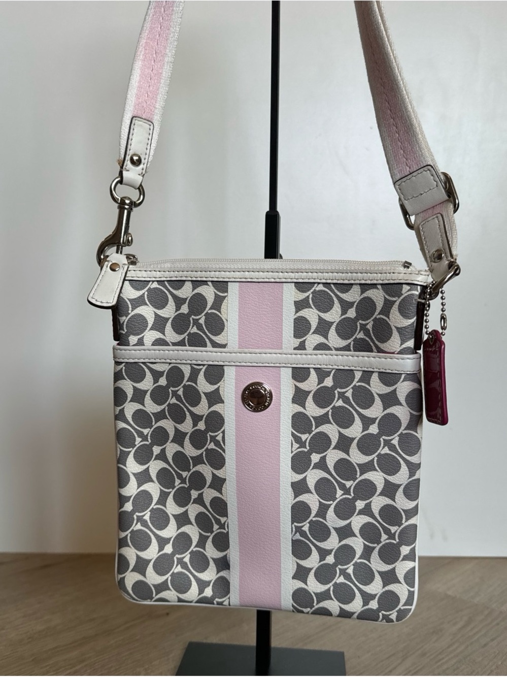 Coach Gray Signature Crossbody with Light Pink Stripe